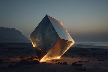 Abstract cube sculpture art on beach at sunset modern metallic design digital render concept artwork
