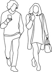 Outlined couple walking using smartphone and carrying bag