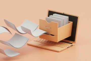 Digital document storage concept: a laptop with documents coming out
