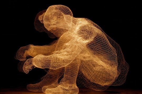 An artistic wireframe representation of a human figure, softly lit with warm light, conveying a sense of movement and grace