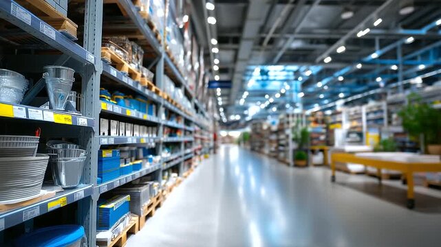 Defocused panoramic shot of a bright hypermarket selling building materials, minimal futuristic aesthetic, with copy space