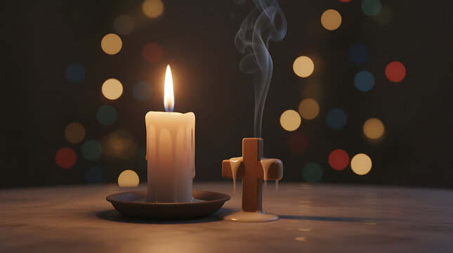 A single lit candle with a flickering flame and smoke rising from a extinguished candle next to a small cross on a table with bokeh lights in the background