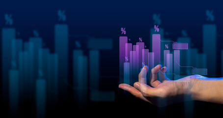 hand of businessman interactive touching a holographic financial growth graph chart system network and technology, success of trading innovation