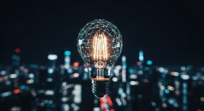 Glowing light bulb with network connections against a blurred cityscape suggesting innovation and connectivity
