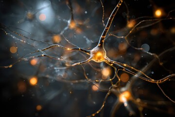 An AI system visualized as a glowing neural network, warm lighting highlighting intricate connections, abstract composition, evoking curiosity and intelligence