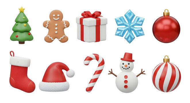 Collection of christmas icons including tree, gingerbread man, gift, snowflake, bauble, stocking, hat, candy cane, snowman