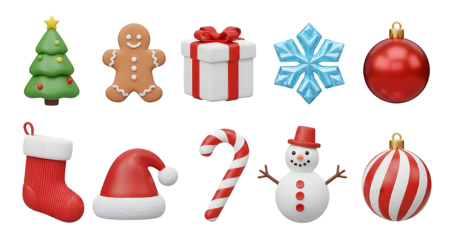Collection of christmas icons including tree, gingerbread man, gift, snowflake, bauble, stocking, hat, candy cane, snowman - Powered by Adobe