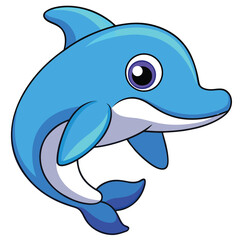 A charming cartoon illustration of a playful dolphin, showcasing its sleek blue body, friendly eyes, and graceful form as it leaps through the water