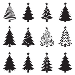 Obraz premium Set of 12 Christmas Tree Silhouettes - Various Styles, Icons, and Decorations