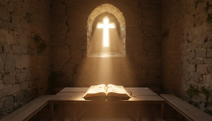 Sacred light streams through an arched window in a stone chapel illuminating an open ancient book on a wooden altar symbolizing faith and divine revelation