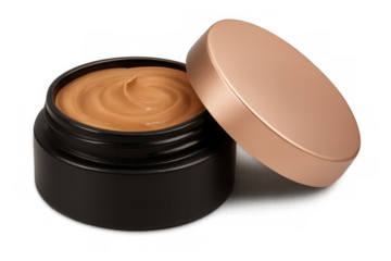 Face foundation cream jar with rose gold lid, beauty cosmetics product for makeup application, transparent background