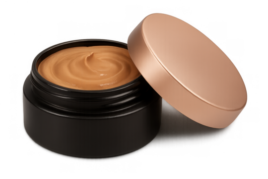 Face foundation cream jar with rose gold lid, beauty cosmetics product for makeup application, transparent background
