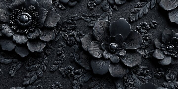 Monochromatic floral arrangement in dark tone for elegant artistic decor and backgrounds featuring flower and foliage elements in black