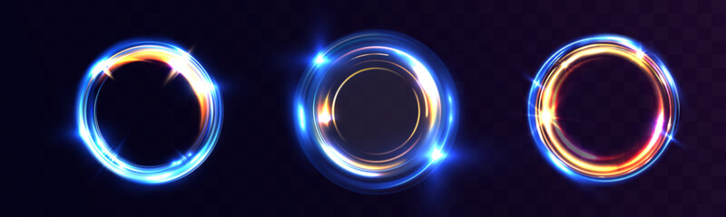 Glowing energy light vortex rings with bright blue and pink luminous swirls, dynamic circular motion trails and futuristic radiant portal effect on dark transparent background.