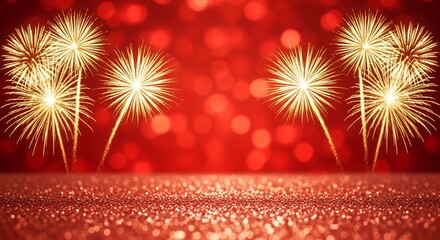 Bright golden fireworks exploding in the night sky over a sparkling red glitter surface