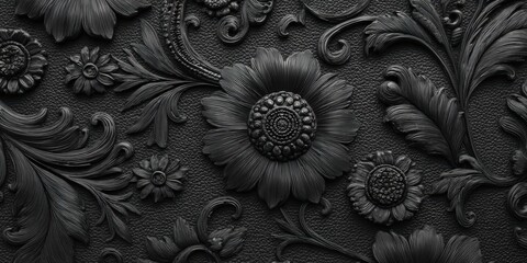 Elegant floral ornament features intricate dark botanical elements and textures for dramatic decorative effect