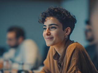 Portrait of a young woman with curly hair and brown sweater in a meeting setting looking happy and engaged