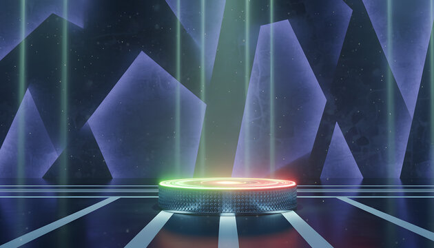 Futuristic neon podium with abstract crystal background - Powered by Adobe