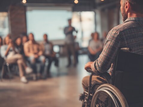 Man in wheelchair presenting to audience at conference workshop motivational speaker disability inclusion
