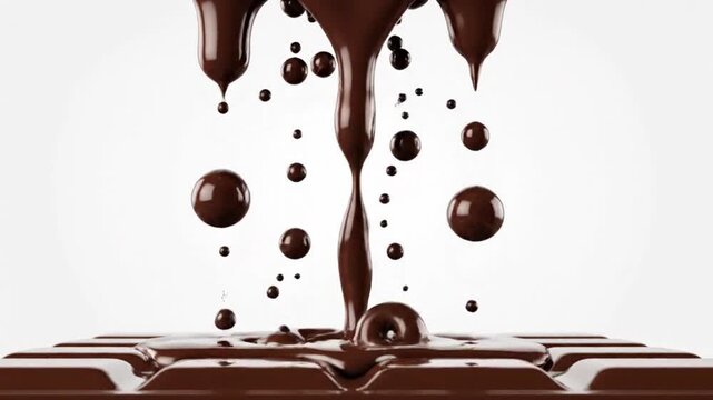 Melting Chocolate Delights: Witness the delicious cascade of liquid chocolate, transforming into enticing drops. This image captures the essence of indulgence and pure pleasure.