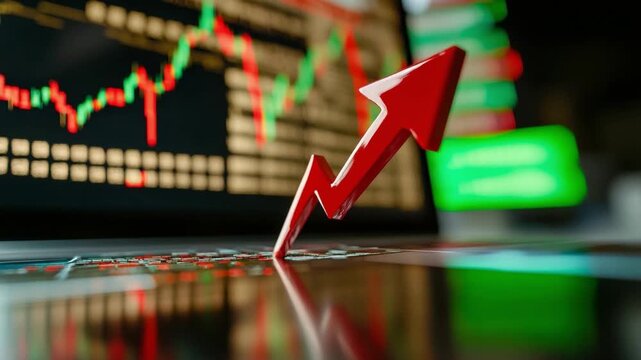 Market Ascendancy: A bold, red arrow piercing skyward, a symbol of exponential growth in the vibrant heart of the stock market, painted over a chart
