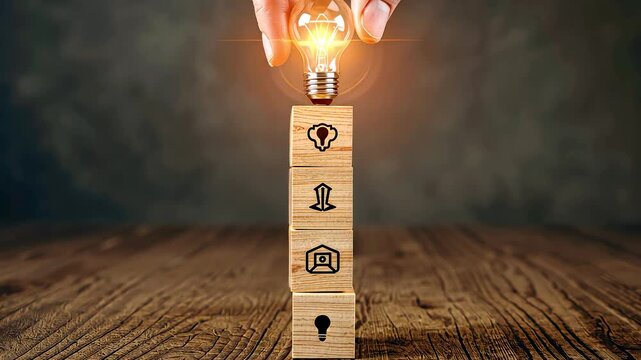 Hand stacking wooden blocks with business icons under glowing light bulb on table
