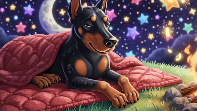 Dog sleeping under stars next to campfire artistic illustration