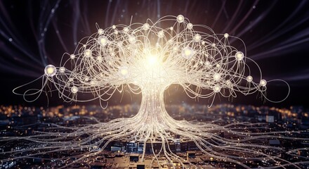 Abstract glowing tree of light with intricate roots and illuminated branches symbolizing technology and life