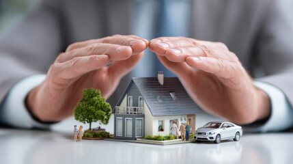 Hands protect miniature house car and people symbolizing home safety property insurance and financial security for family