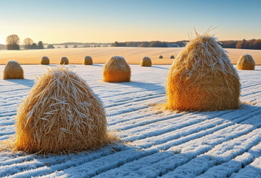 Winter haystacks with frost patterns, golden hay under snow, early morning light, rural farmland, quiet stillness, cold clarity