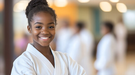 Bright, cheerful karate student ready for training