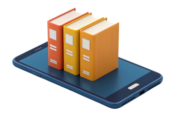 Three books stacked on a smartphone isolated on transparent background