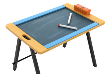 Small wooden easel blackboard with chalk and eraser isolated on transparent background