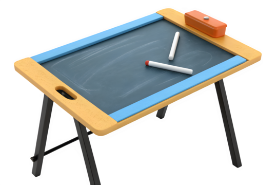 Small wooden easel blackboard with chalk and eraser isolated on transparent background