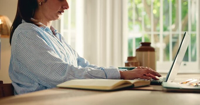 Remote work from home, drinking coffee and woman with laptop, typing and copywriting. Person, journalist and freelancer with computer, caffeine and espresso with internet, creativity and blog website