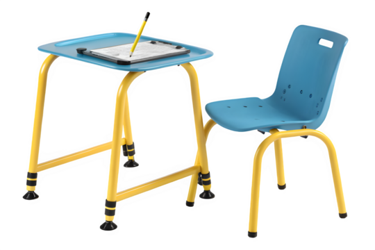 Blue plastic school chair and desk with yellow frame isolated on transparent background - Powered by Adobe