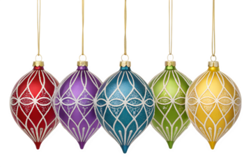 Five colorful ornate christmas ornaments hanging isolated on transparent background