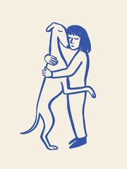 Girl hugging greyhound naive hand drawn sketch vector illustration