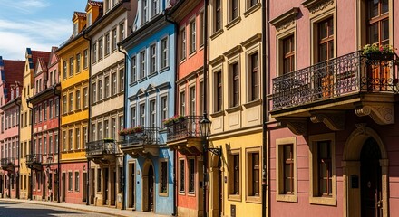 Colorful historic buildings line a narrow cobblestone street in a european city on a sunny day