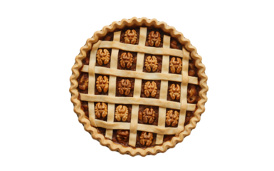 A top-down photograph of a classic walnut pie with a golden-brown lattice crust, sitting on a pristine white background. The pie features a rich, caramelized walnut filling visible through the intrica