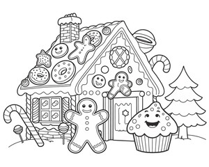 Gingerbread house with smiling characters coloring page Keywords: gingerbread house, coloring