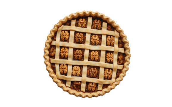 A top-down photograph of a classic walnut pie with a golden-brown lattice crust, sitting on a pristine white background. The pie features a rich, caramelized walnut filling visible through the intrica
