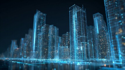 Futuristic digital marketplace showcasing floating virtual buildings with advanced user interface