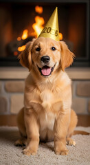 Happy Golden Retriever Puppy Wearing "2026" Party Hat by Cozy Fireplace