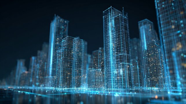 Futuristic digital marketplace showcasing floating virtual buildings with advanced user interface