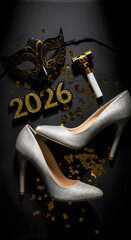 Elegant New Year's Eve 2026 Celebration Flat Lay with Glitter Shoes & Mask