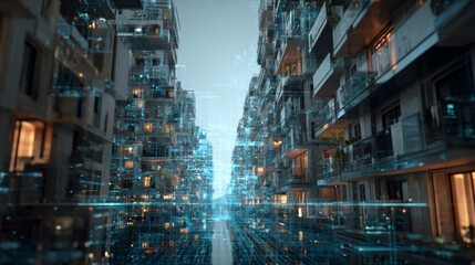 Futuristic marketplace featuring floating virtual buildings with advanced user interface design