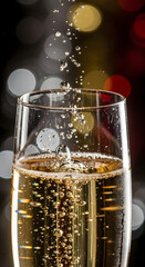 Dynamic Champagne Bubbles in Elegant Flute with Festive Bokeh