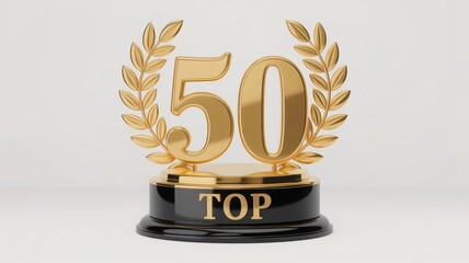 A golden TOP 50 trophy. The trophy has a round black base and a golden laurel wreath behind the 50 number