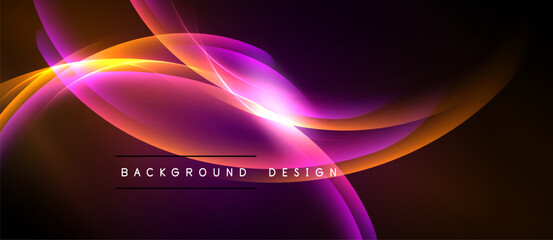 Abstract vibrant waves, purple, orange, pink hues. Dynamic flow, modern design, dark background creates contrast. Text reads background design.